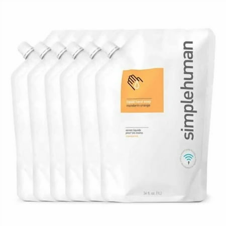 simplehuman Mandarin Orange Moisturizing Liquid Hand Soap Refill Pouch, 34 Fl. Oz. (Pack of 6)