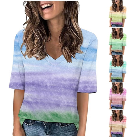 Hrsba Womens Fashion Tees Floral Print 3/4 Sleeve V Neck Shirt Loose Summer Casual Ladies Top Comfortable Daily Wear
