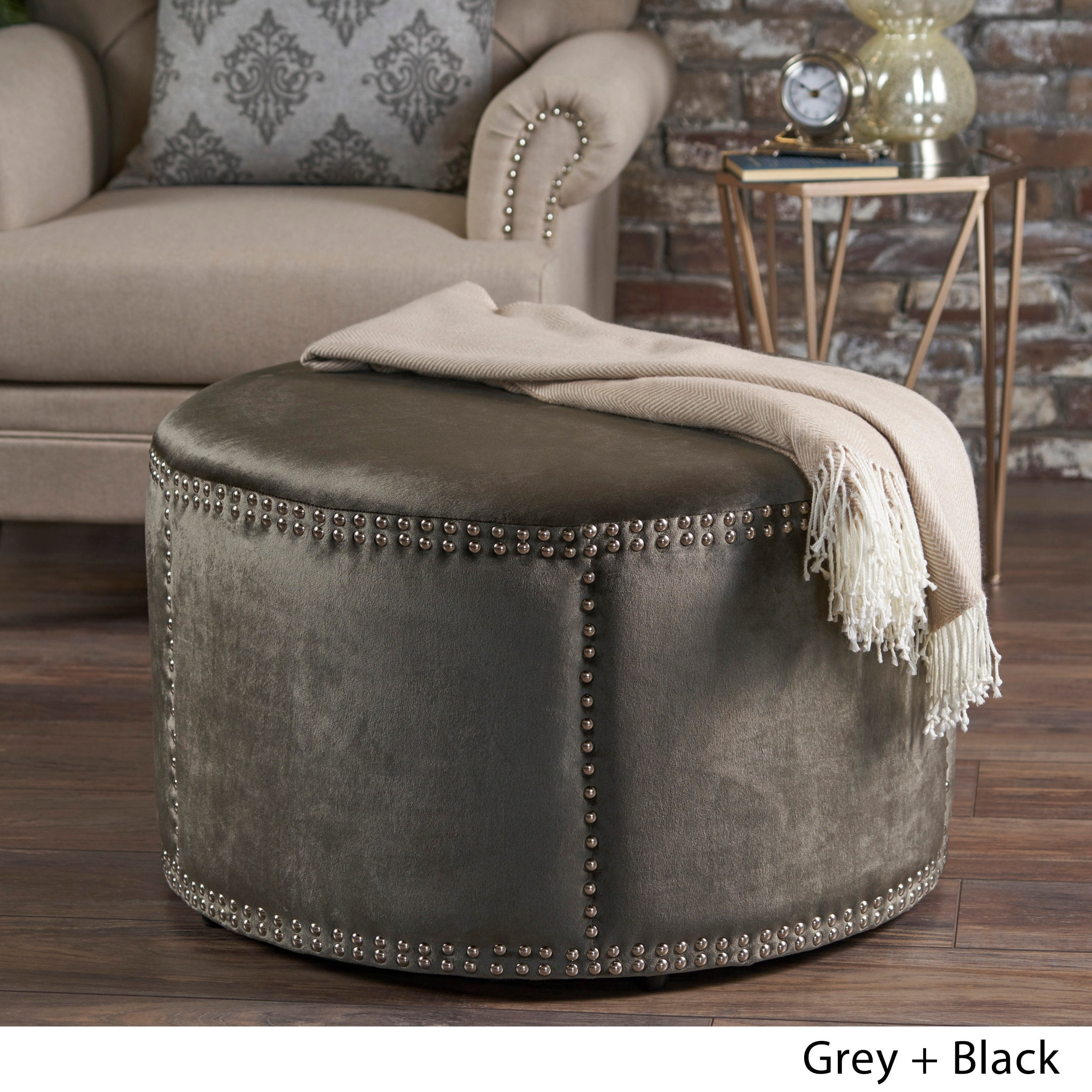 Christopher Knight Home Jaewon Studded Velvet Round Ottoman Stool by