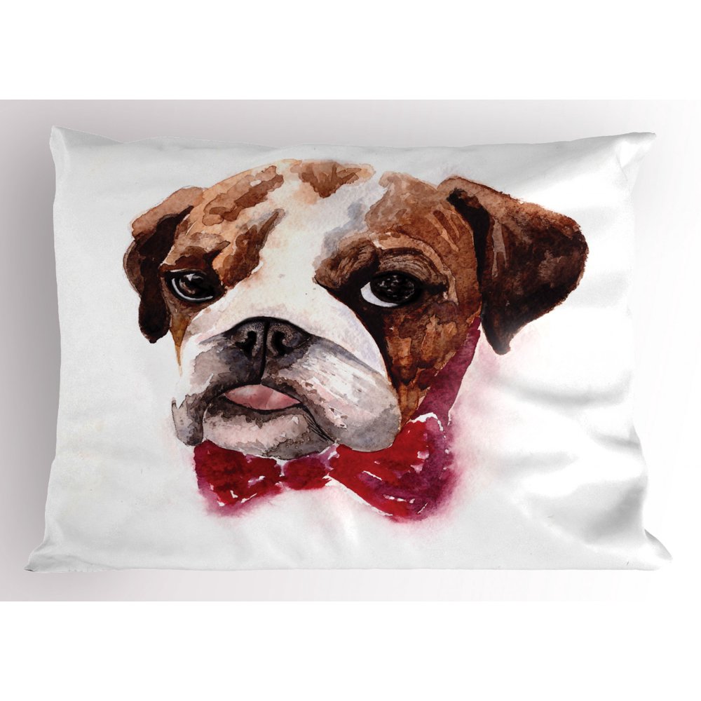 English Bulldog Pillow Sham Watercolor Dog Portrait with a Bow Tie