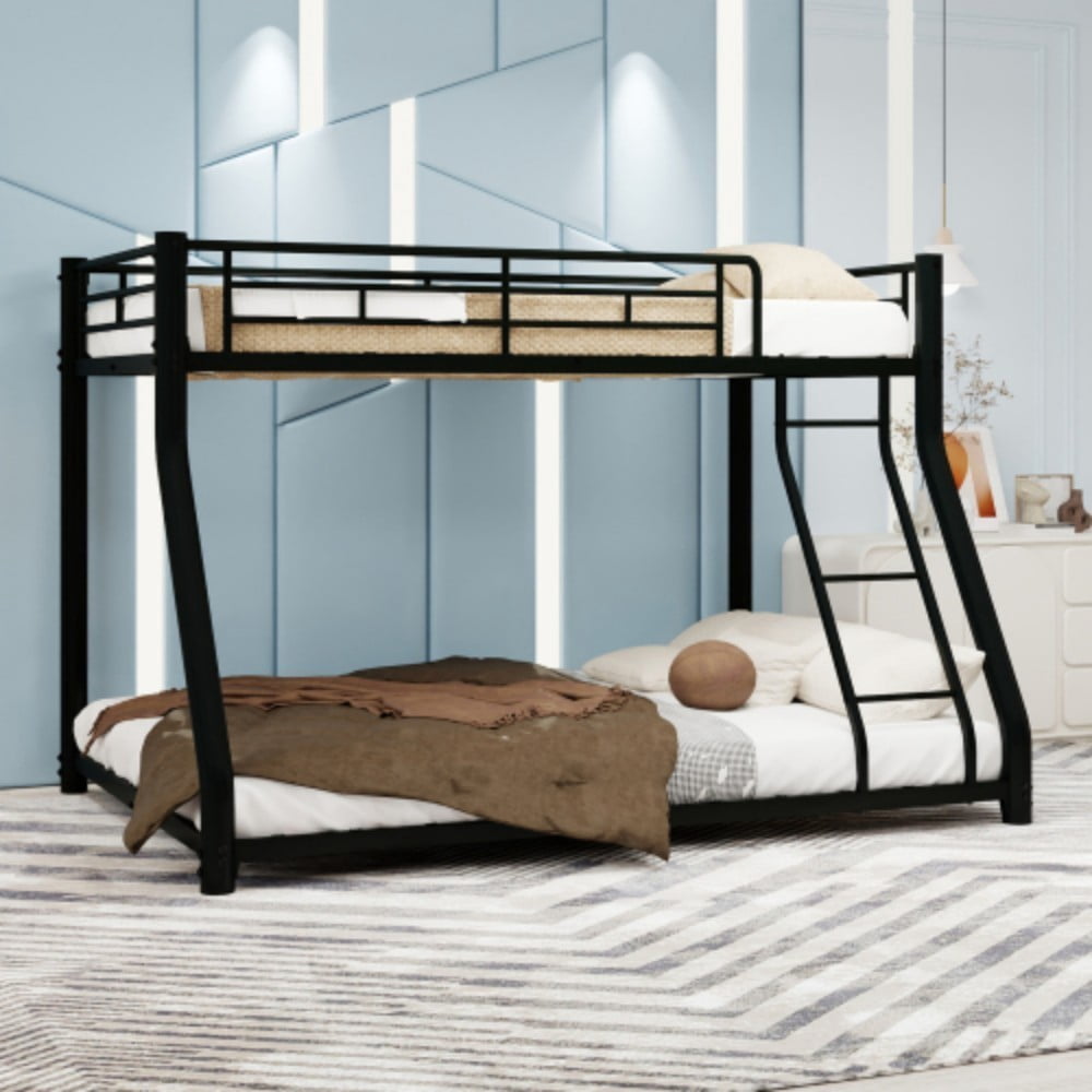 Twin Over Full Bunk Bed, Heavy-Duty Metal Frame with Ladder & Full-Length Guardrail, LED Light & USB Port, Noise-Free Design, 400 lbs Capacity, Black
