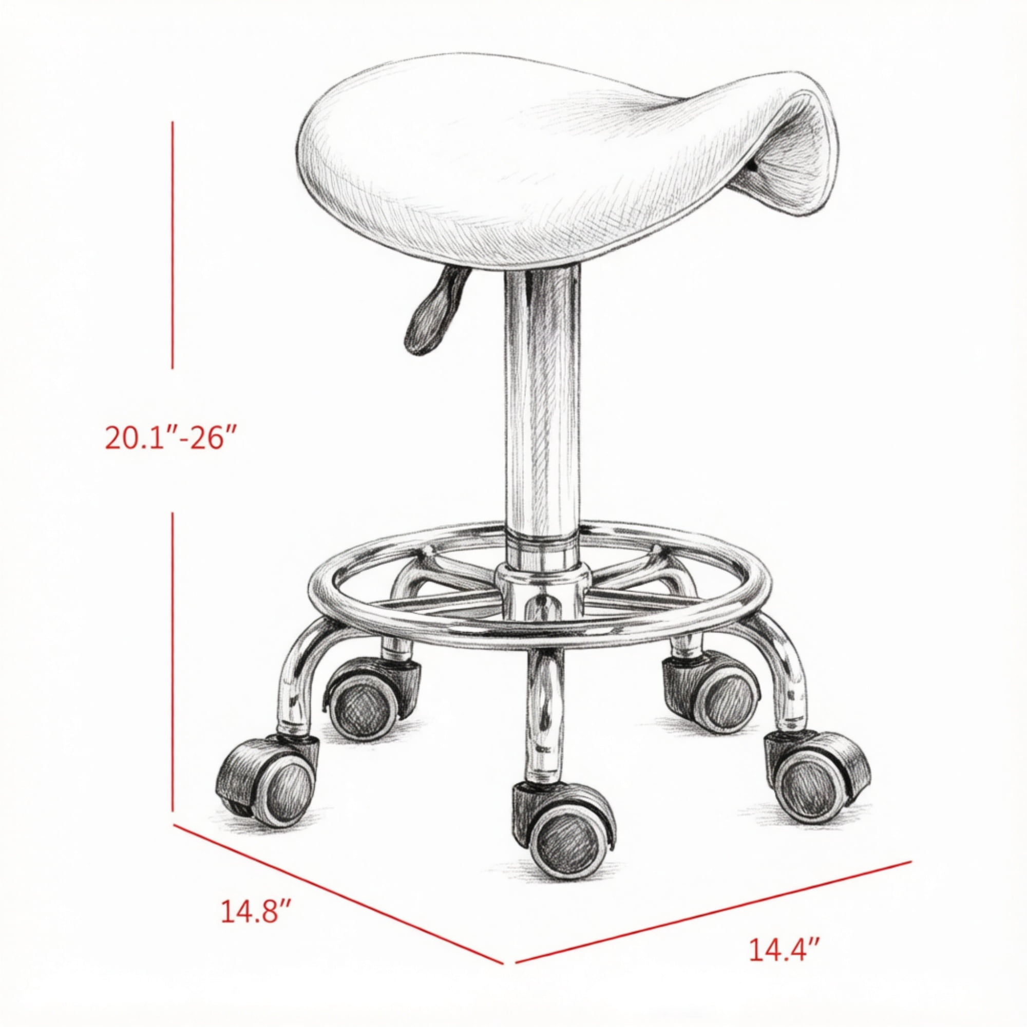 PU Leather Saddle Rolling Stool, Adjustable Height with Wheels for Massage, Spa, Beauty Tattoo, White