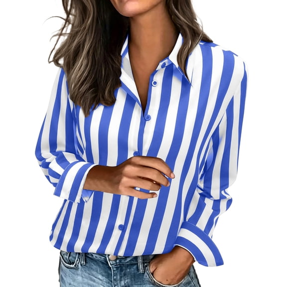 Enjoytime Striped Shirts for Women Collared Long Sleeve Button Down Blouses Fashion Loose Casual Work Tops