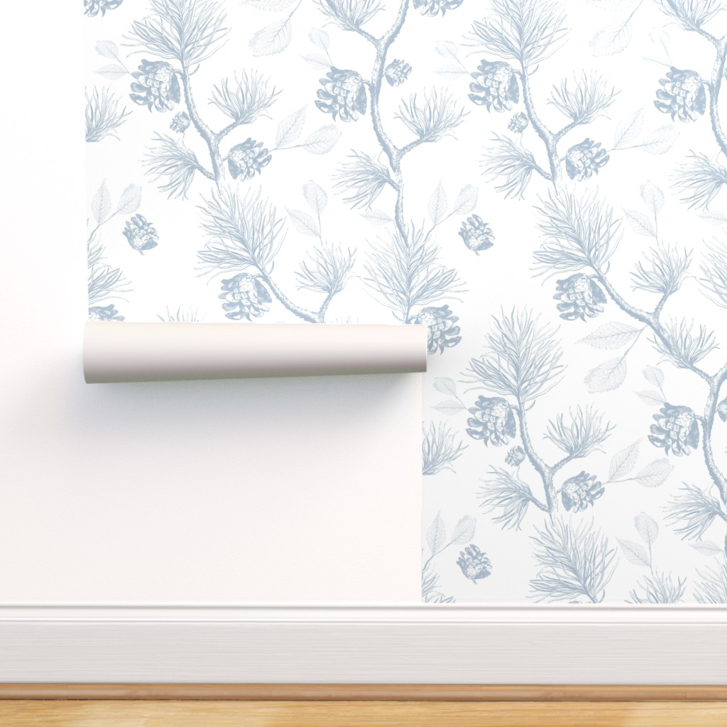 Peel-and-Stick Removable Wallpaper Winter Woodland Pine Branches Blue