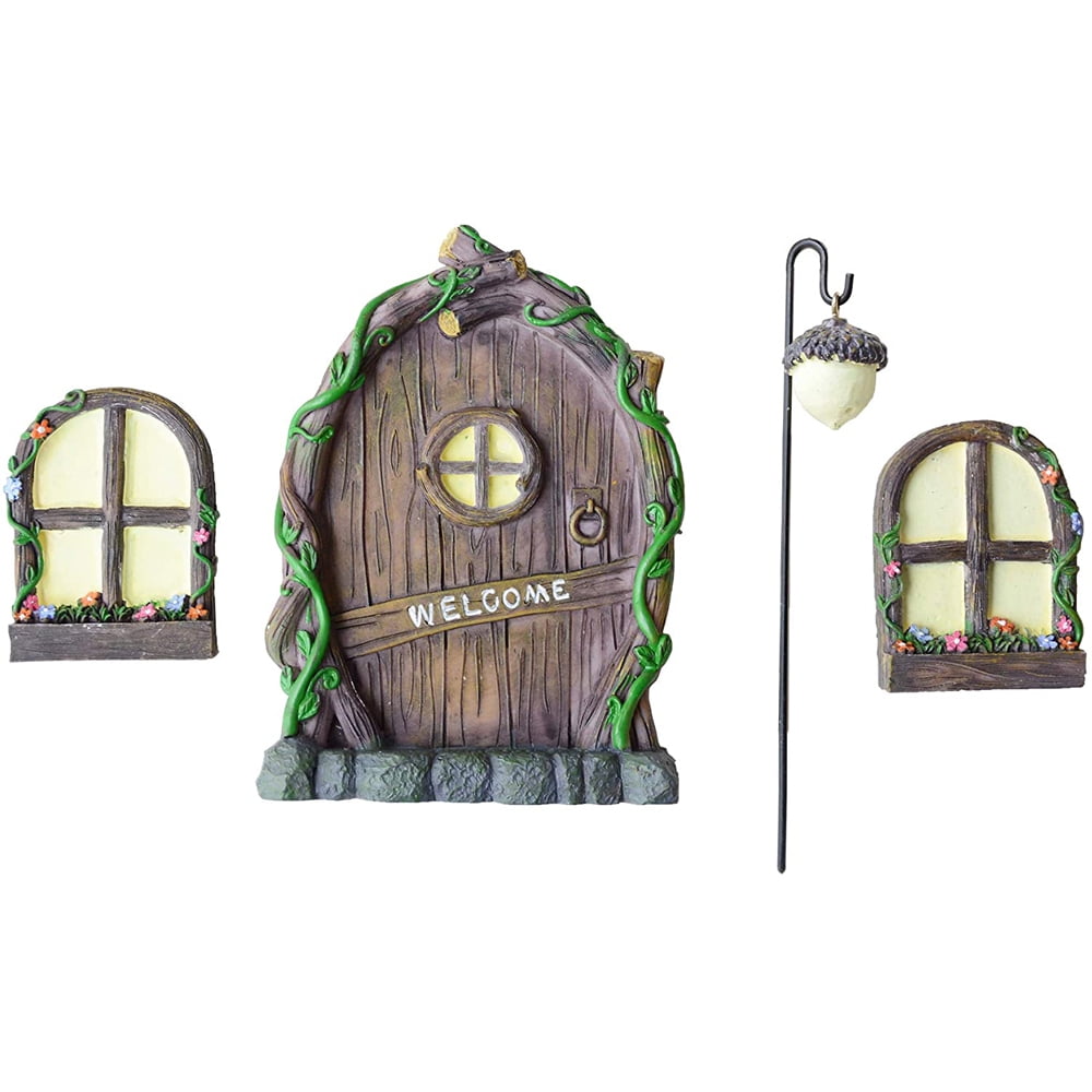 Glowing in The Dark Durable Polyresin Made 3pcs Miniature Fairy Home Windows and Door Tree Statues Mystical Door for Tree Trunk Yard Garden Decoration Triangle Fairy Garden Door Windows Ornaments 