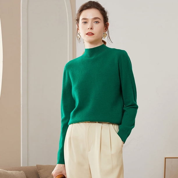 Suéter de cachemira de cuello alto medio para mujer, ropa de otoño e invierno, camisa de punto de lana de una pieza sin costuras