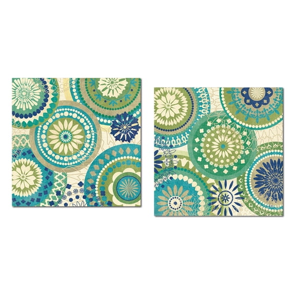 Gorgeous Green, Blue and Teal Suzannil Patterned Set by Veronique Charron; Two 12x12in Unframed Paper Prints