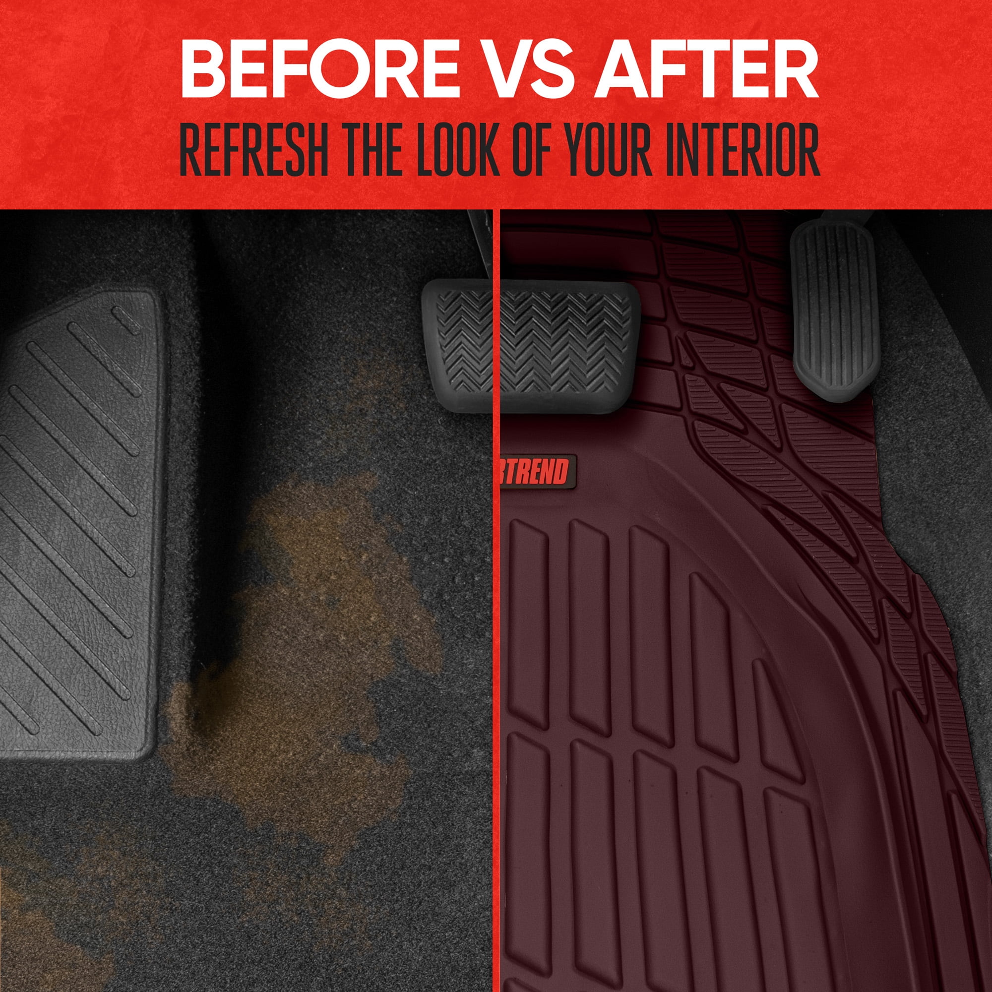 Motor Trend FlexTough Tortoise - Heavy Duty Rubber Floor Mats for Car SUV Van & Truck - All Weather Protection - Deep Dish (Burgundy)