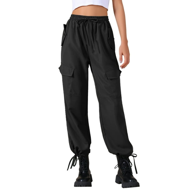 Pantalones cargo ligeros de cintura alta para mujer INSPIRE CHIC con elástico y cordón, pantalones de pierna ancha con bolsillos, M Negro