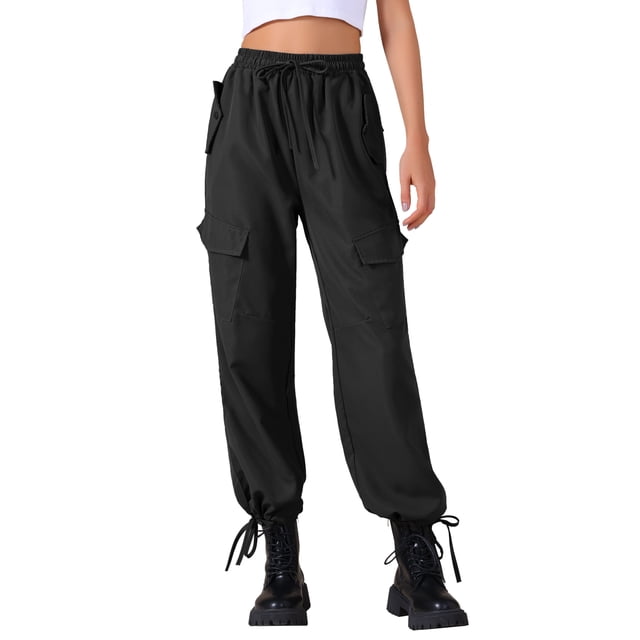 Pantalones cargo ligeros de cintura alta para mujer INSPIRE CHIC con elástico y cordón, pantalones de pierna ancha con bolsillos XL negros