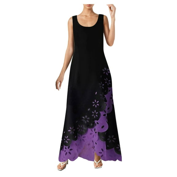 Babysbule Womens Summer Dresses, Women Sleeveless Print Round Neck Long Maxi DressBeach Shirt Dress