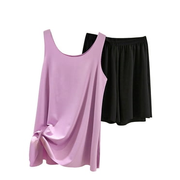 Yuzhih Two Piece Pajama Outfits Summer Solid Scoop Neck Sleeveless Tank Top with Shorts Set 2025 Lounge Pj Sets