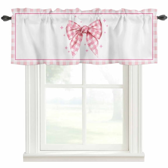 Pink Plaid Bow Valances for Windows Mother's Day Valentine's Day Pink Ribbon Rod Pocket Curtain Valance Window Treatment Short Curtains for Kitchen Living Room, 54"x18"