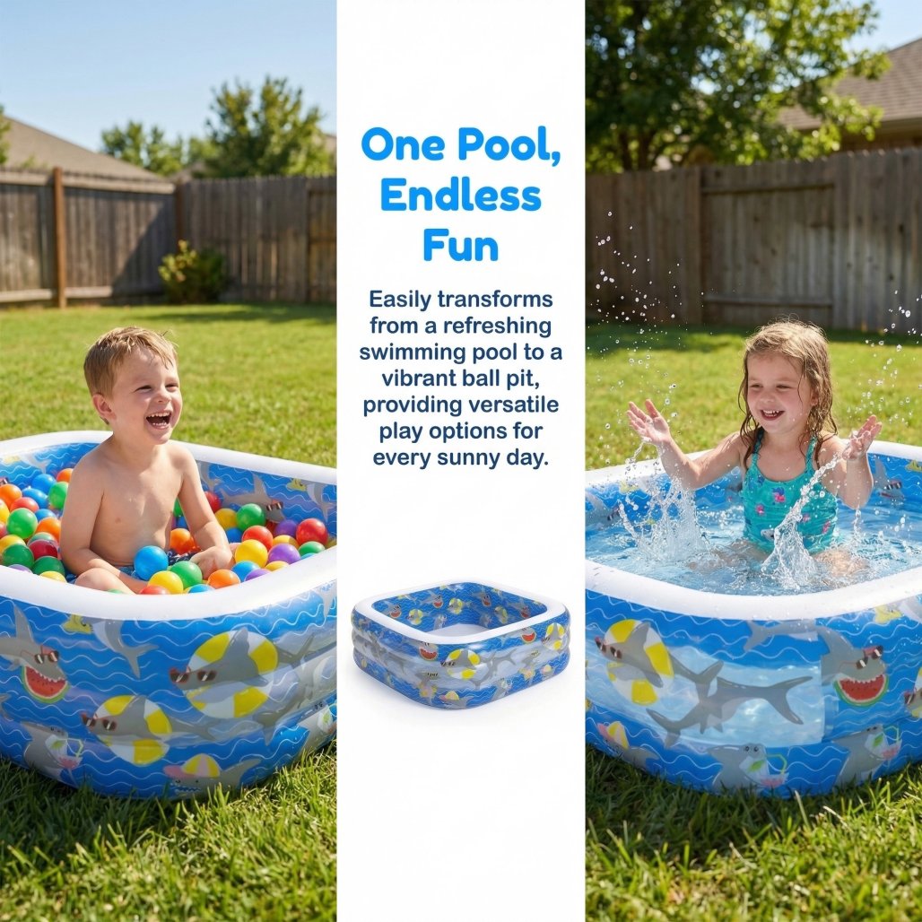 3-Ring Rectangular Inflatable Kiddie Pool with Shark Pattern, BPA-Free Family Swimming Pool for Backyard, Garden & Indoor Summer Fun