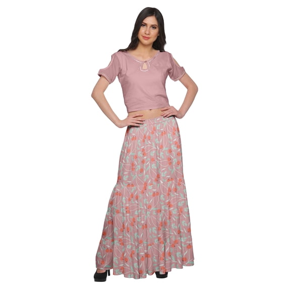 Moomaya Printed Rayon Cold Shoulder Crop Top And Skirt Ethnic Set For Women