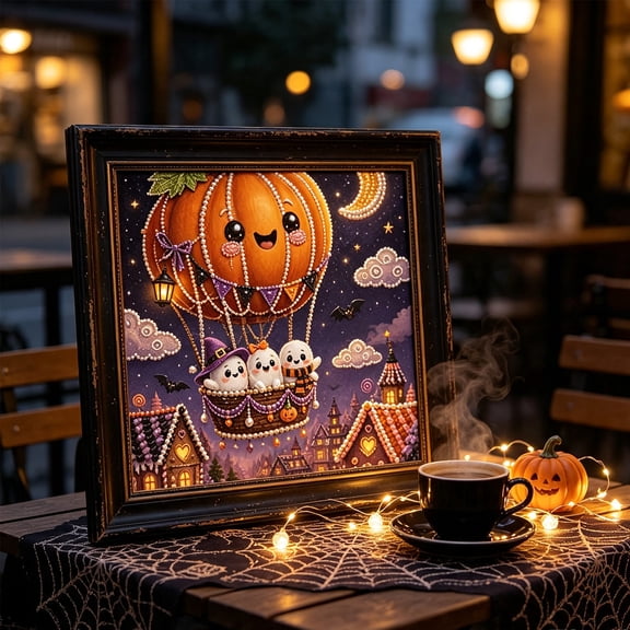 Halloween 5D Pearl Art Kit - Cute Pumpkin Hot Air Balloon Ghost DIY Picture(A)