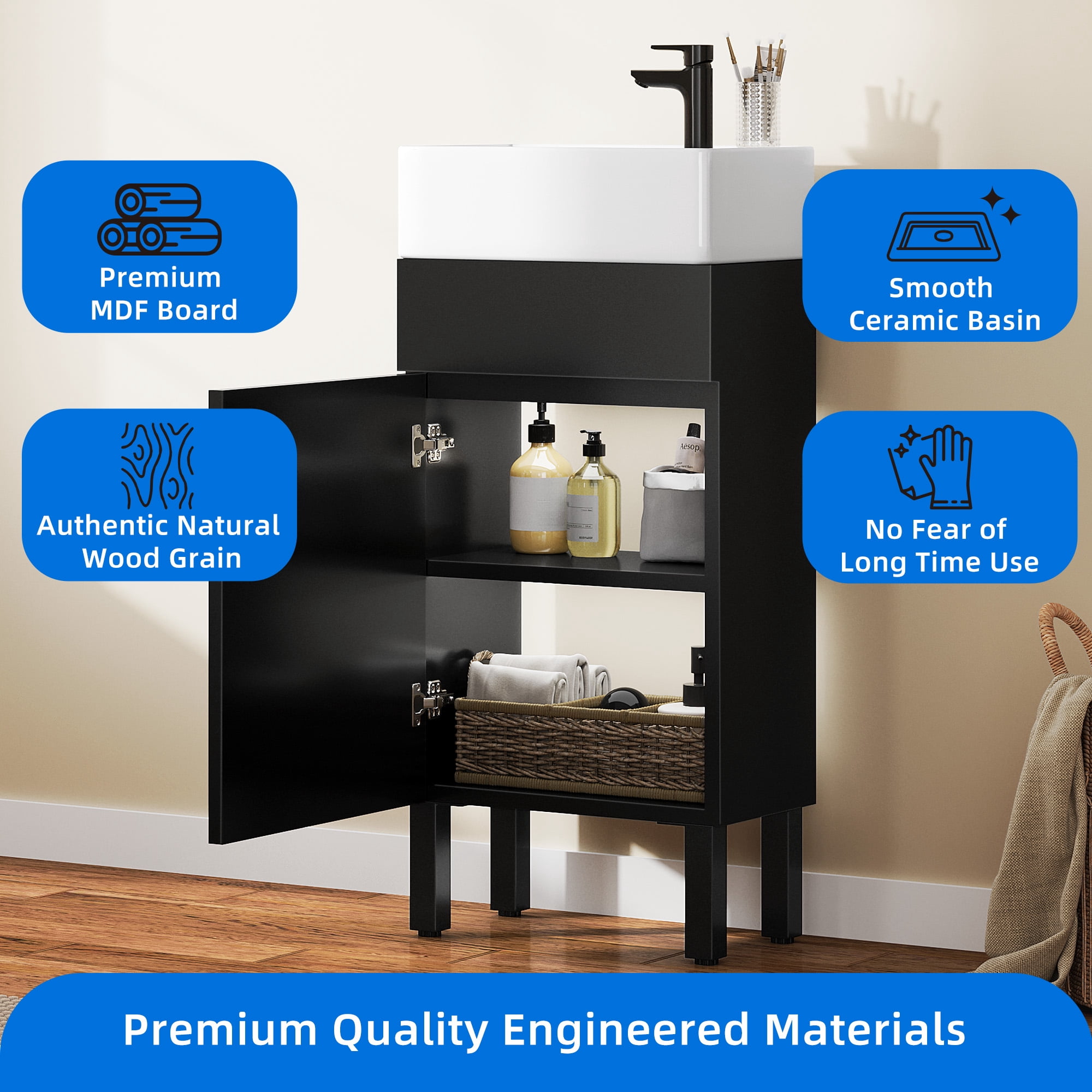 Dextrus 16 Inch Small Bathroom Vanity with Undermount Sink , Free Standing Bathroom Storage Cabinet with Drain & Door for Small Space , Black