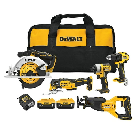 DEWALT 20V MAX XR® Brushless Cordless 5-Tool Combo Kit with 5Ah Batteries, Charger & Contractor Bag (DCK530P2)