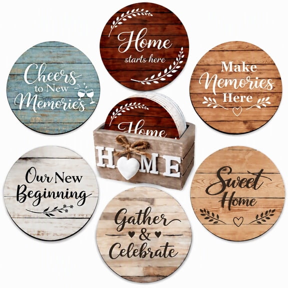 Wooden Coasters Set of 6 House Warming Gifts New Home, Farmhouse Wooden Drink Coasters with Holder, Rustic Farm House Decorations for Home, Housewarming Gifts New Apartment