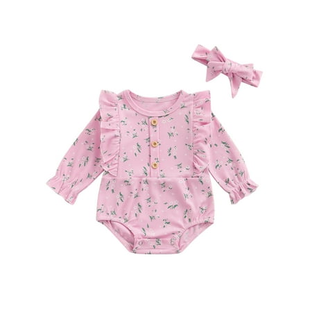 

Ma&Baby Infant Baby Girls Rompers Flowers Printed Ruffles Long Sleeve Bodysuit Jumpsuit