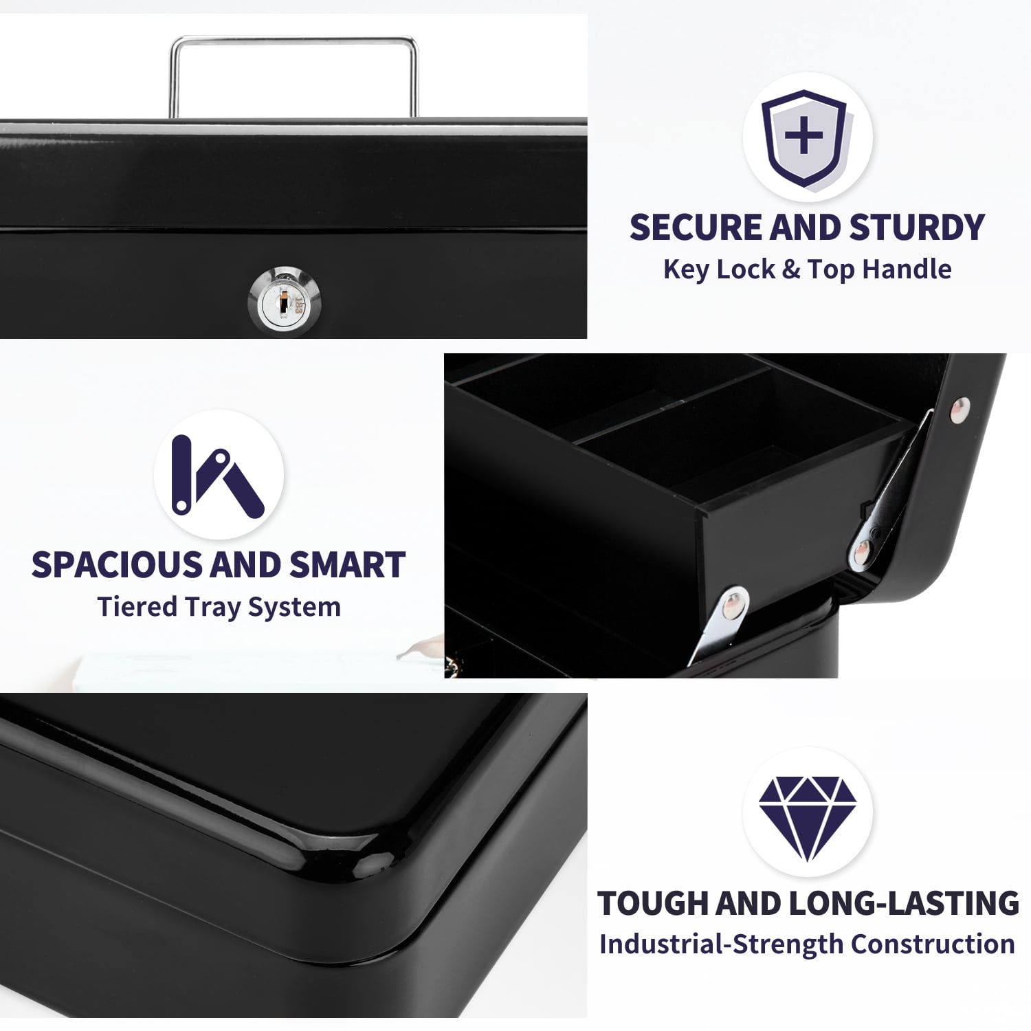 SkyAuks Piggy Bank, Cash Box with Money Tray and Key Lock to Secure Money, Jewelry, 11.8"x 9.5"x3.5", Black