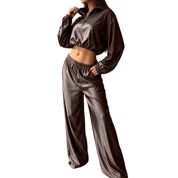 2 Piece Lounge Set Long Sleeve Sweatshirt Matching Set Drawstring Waist Wide Leg Pants Womens Fall Vacation Outfits