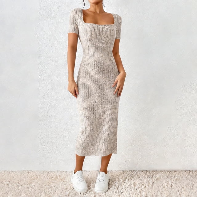 TaTaai Women Summer French Square Neck Side Split Slim Knit Dress Short Sleeve Solid Color Midi Length Elegant Casual Daily Wear Dresses Gift