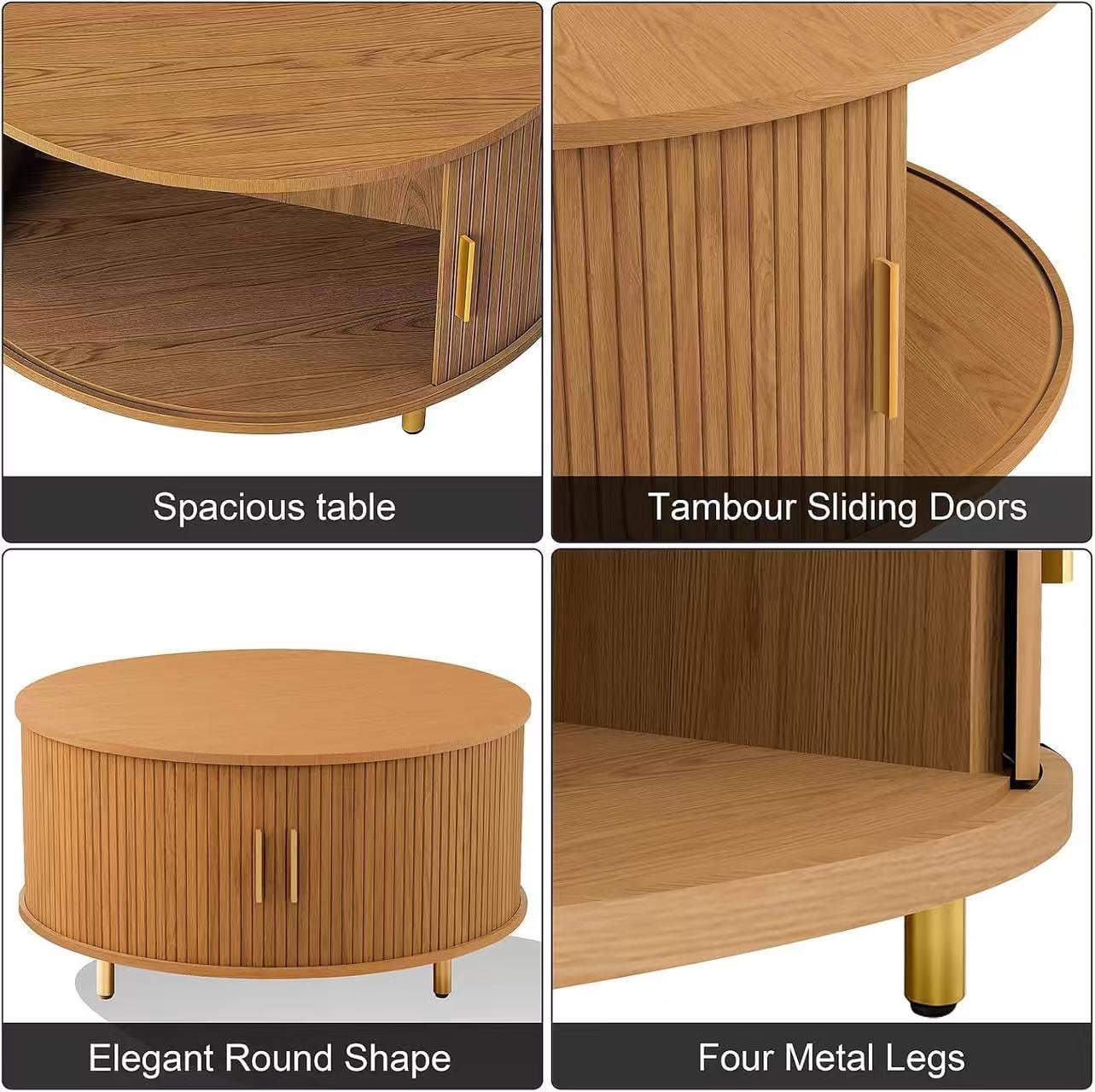 AISWORD Round Coffee Table with 360° Sliding Door, Fluted Accent Coffee Table with Storage Adjustable Footpads for Living Room, Yellow