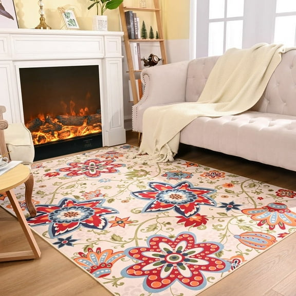 Lochas Soft Floral Print Boho Retro Rug Fluffy Carpet Vintage Area Rugs for Bedroom Indoor Living Room Home Decor, 4'X6', Light Camel