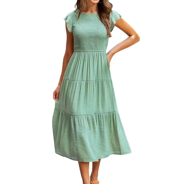SMihono Robe Maxi Bohème d'Été pour Femmes Grande Taille Manches Courtes Longues Robes de Plage Soleil Robe Maxi Unie Robe de Plage Évasée