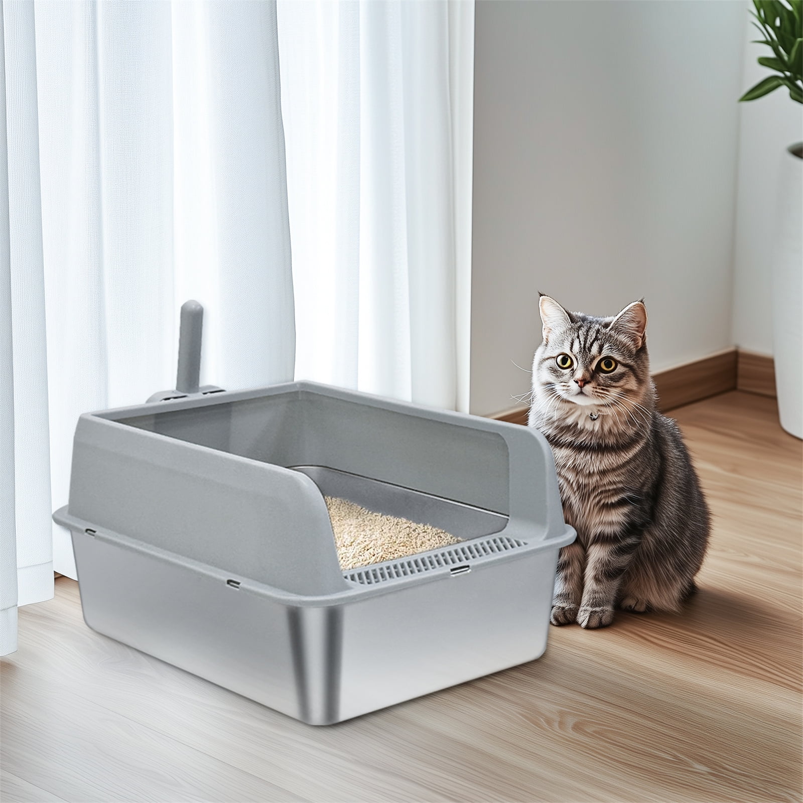 BingoPaw Stainless Steel Large Cat Litter Box High Sided Pan Anti-Leakage with Spoon for Cats