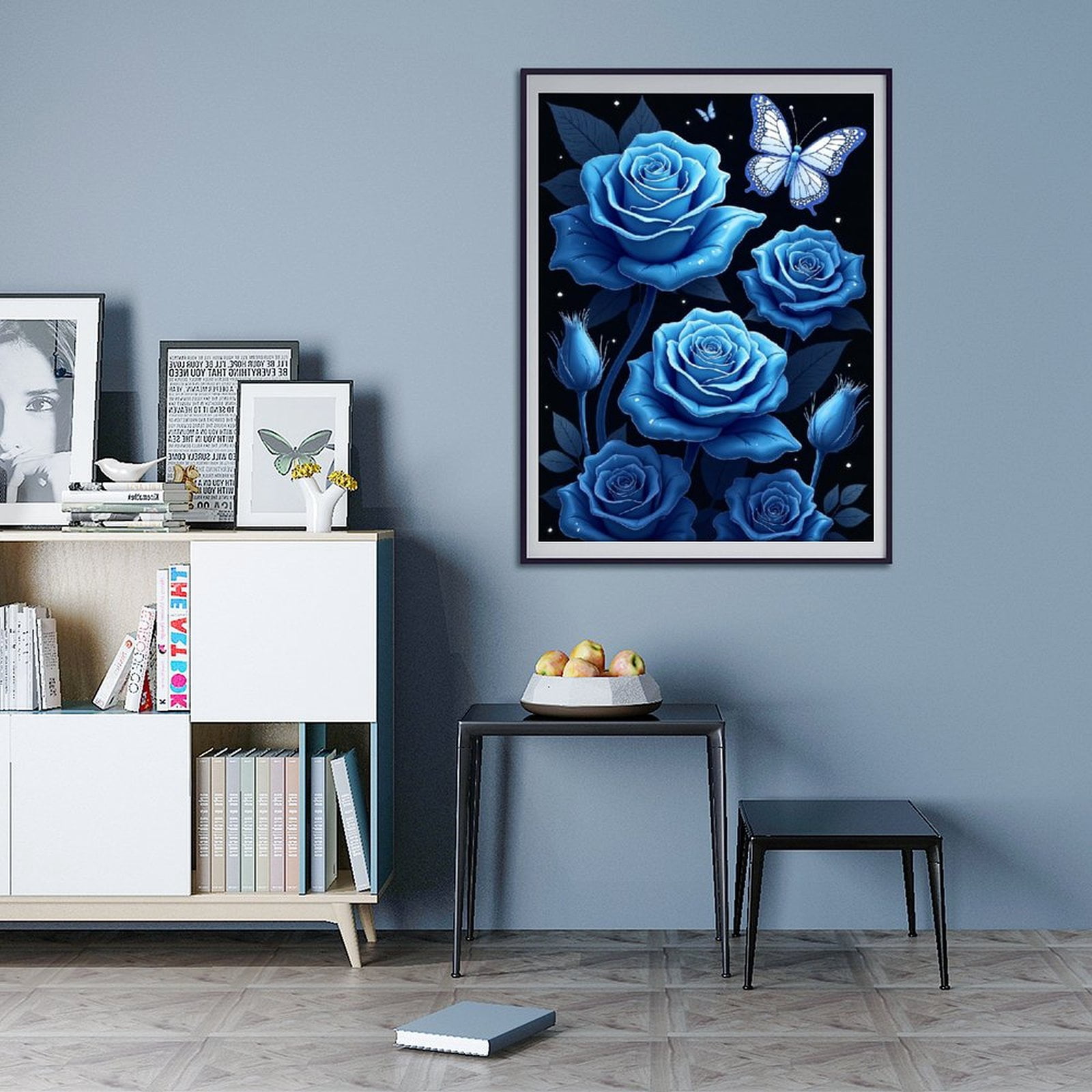 薔薇の壁掛けアート　A72 Diamond Art Kit for Adults, Butterfly Rose Blue Print No.72