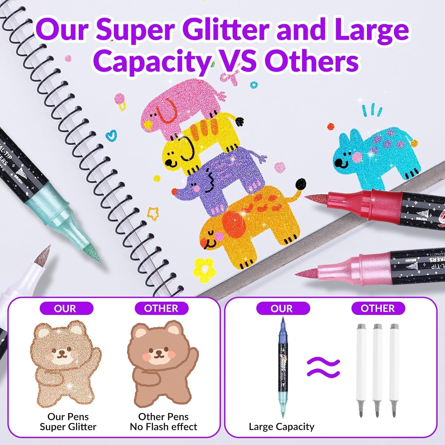 Glitter Effect Brush Marker Set, Dual Tip Pens with Metallic Sparkle for Drawing, Card Making, DIY Crafts & Adult Coloring Books