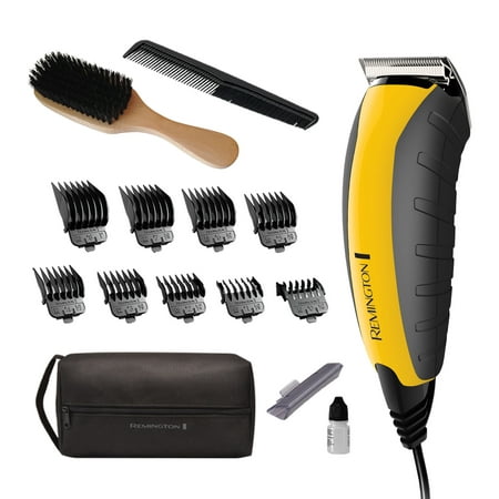 Remington Virtually Indestructible Male Hair Cutting Kit, Yellow, 15 Piece Set with Clipper Combs, Beard Brush, Oil Bottle, Blade Guard, HC5855