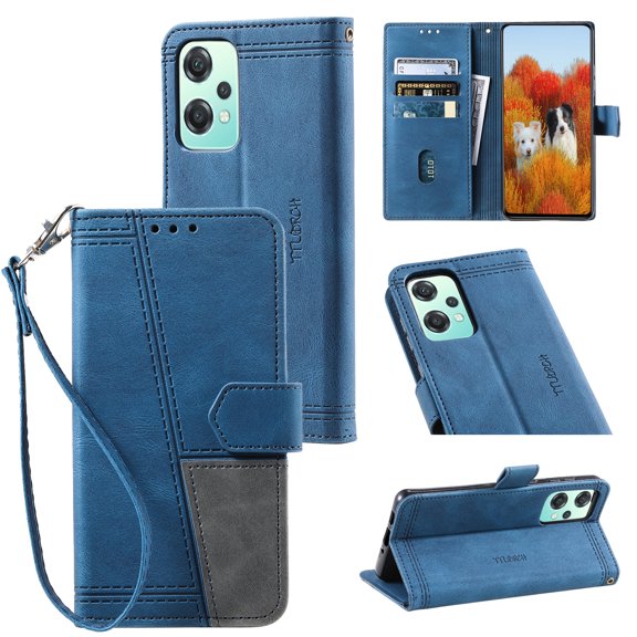 Splicing Wallet Case for OnePlus Nord CE 2 5G,Wrist Strap Card Slots PU Leather Wallet Protection Case Magnetic Closure Stand Flip Case Cover for OnePlus Nord CE 2 5G,Blue