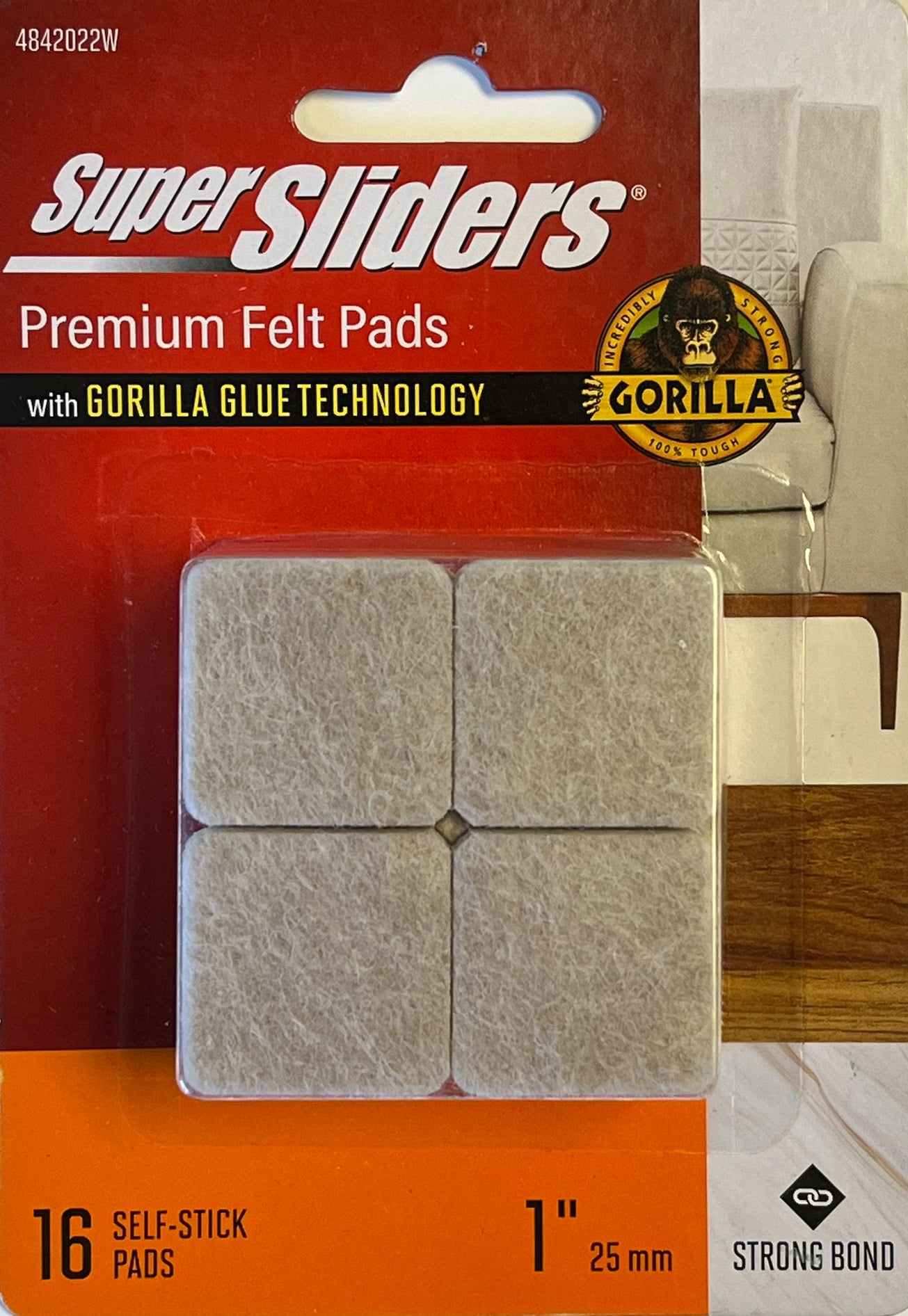 (3 pack) Super Sliders With Gorilla Glue Technology, 1" Square Oatmeal Felt Pad, 16 PC