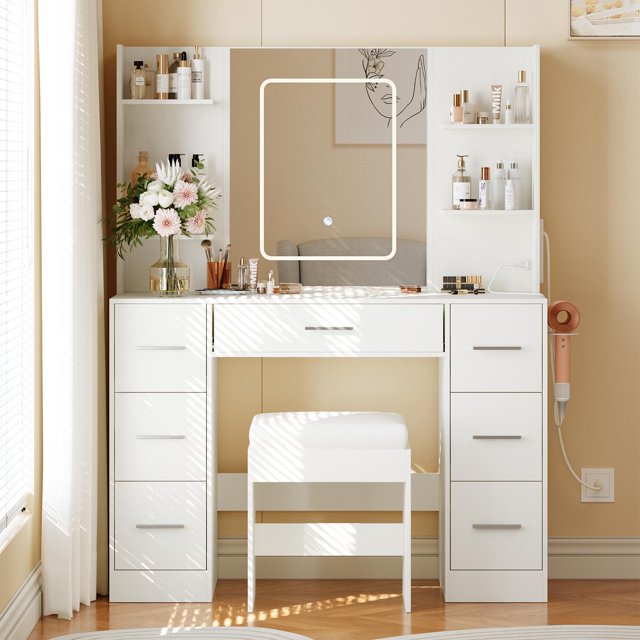 BeesClover Vanity Desk with Lights, Large Makeup Vanity with Mirror and Chair, Power Outlet, Hair Dryer Rack, 7 Drawers, 3 Lighting Modes Brightness Adjustable Dressing Table for Bedroom