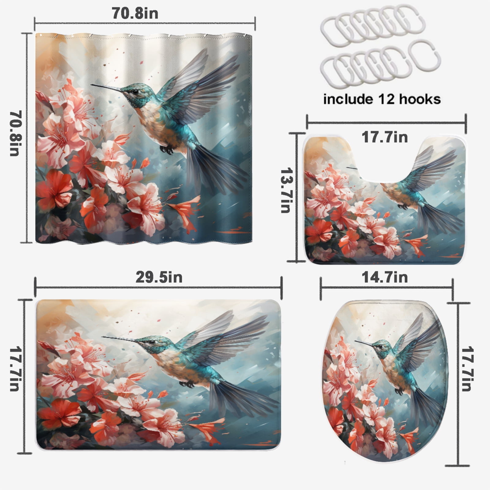 Hummingbird 4 Pieces Shower Curtain Set with Non-Slip Rug Bird Flowers Branch Floral Nature with 12 Hooks, Bath Mat Set Bathroom Decor by Durable Waterproof Fabric, 72x72 Inch