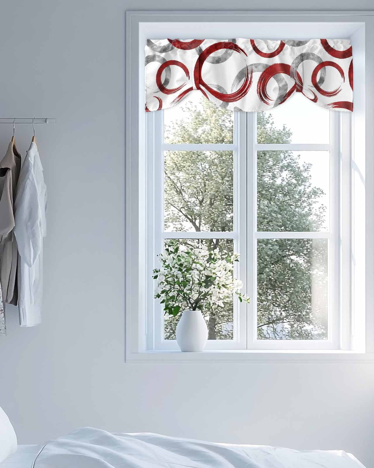 Vintage Red Gray Circle Lines Tie Up Valances Curtain, Adjustable Kitchen Abstract Art White Background Valances for Windows Decor, Rod Pocket Short Curtains Set for Bedroom/Bathroom, 54"x18"
