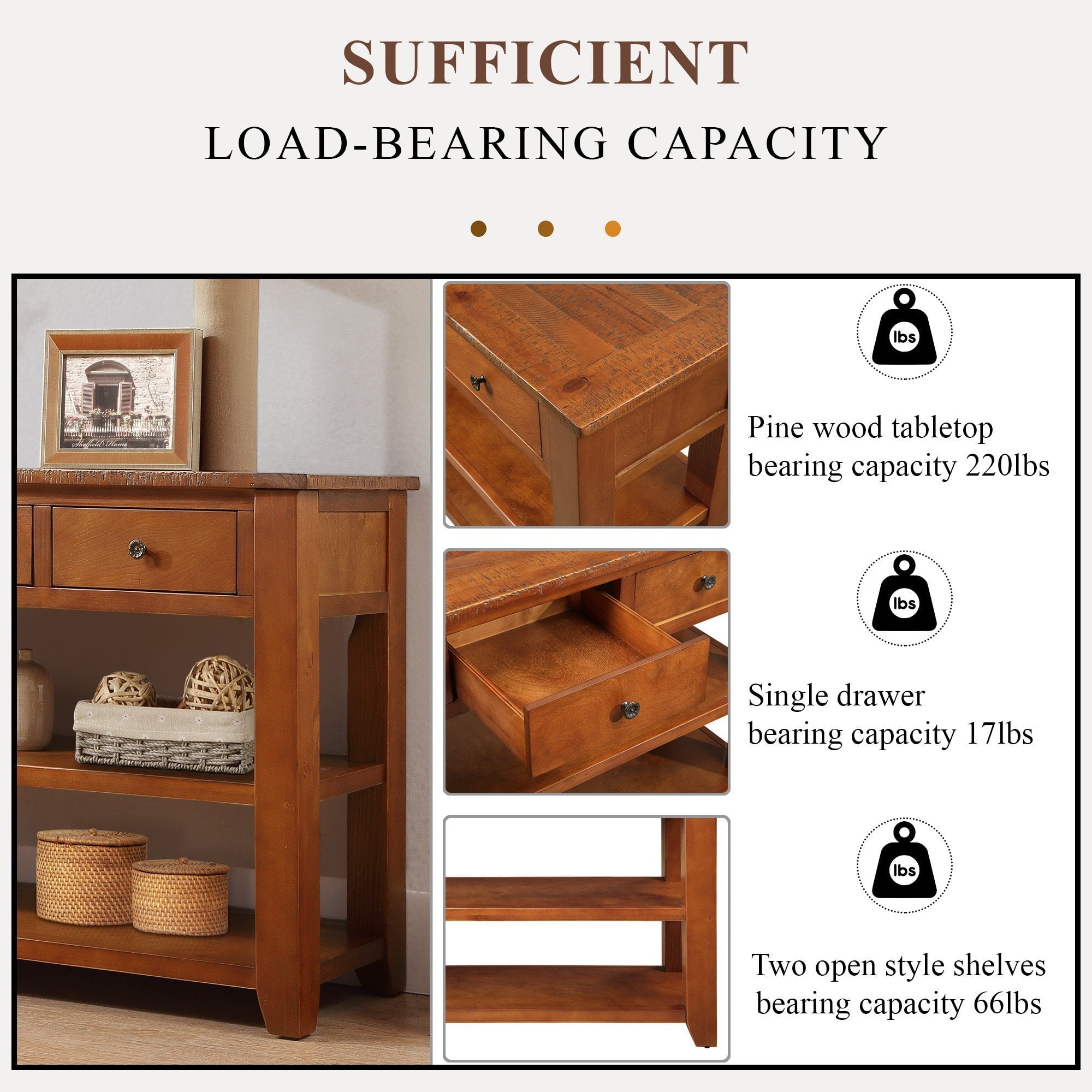 48" Solid Wood Console Table with Drawers and Shelves, Sofa Couch Entryway Table for Hallway, in Brown