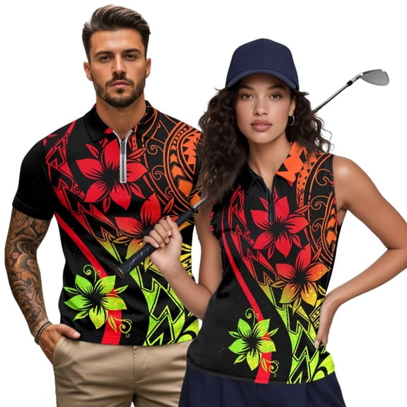 Aplkyhs Matching Golf Shirts for Couple Quarter Zip Red Polynesian Flower Men's Casual Short Sleeve Cool Golf Shirts 4-Way Stretch for Golf,Tennis,Hiking,Running,Gym Breathable Fabric