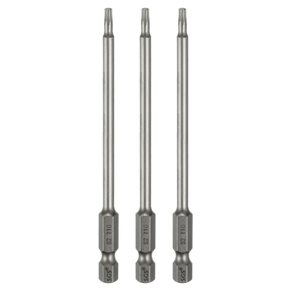 Uxcell 3pcs T10 Torx Head Screwdriver Bit 1/4" Hex Shank 4" (100mm) Long Magnetic No Hole Tip 6 Point Star Screw Driver