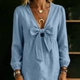 thumbnail image 6 of Womens Bow Tie Cotton Linen Babydoll Tops Lightweight Casual Trendy Fall Long Sleeve French Style Blouse Blue S-2XL, 6 of 7