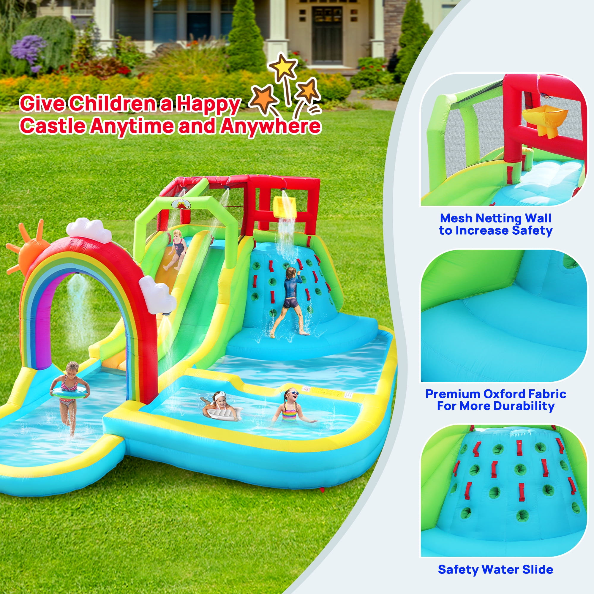 WELLFUNTIME Inflatable Water Slide Park for Kids, Bounce House with Blower, Rainbow Water Curtain, Splash Pool for Backyard