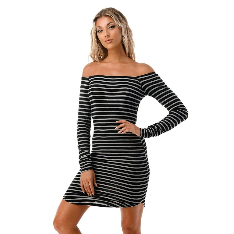 Black and white striped dress off the shoulder sale