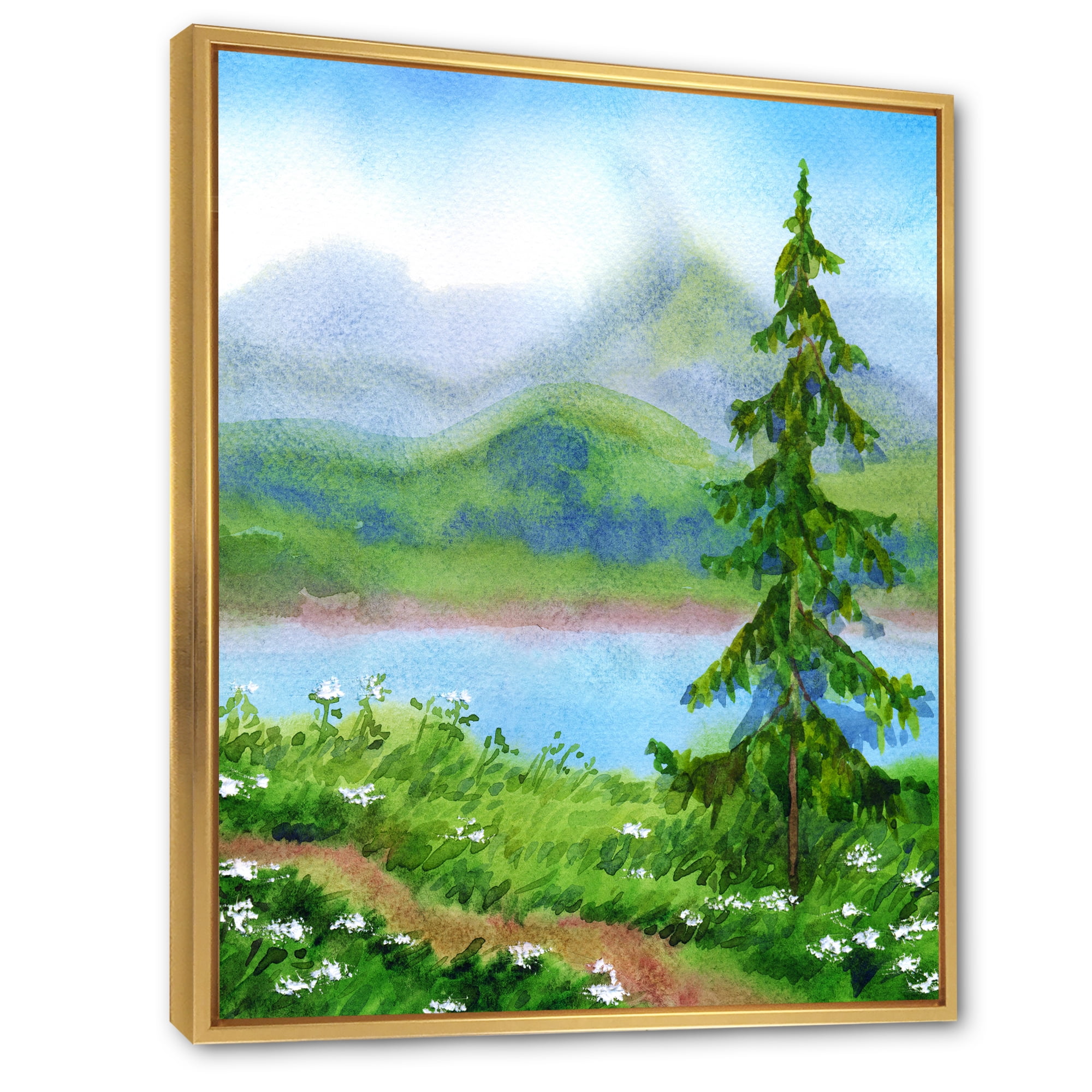 Designart 'Landscape River Spruce Near The Trail On A Hill' Traditional Framed Canvas Wall Art Print