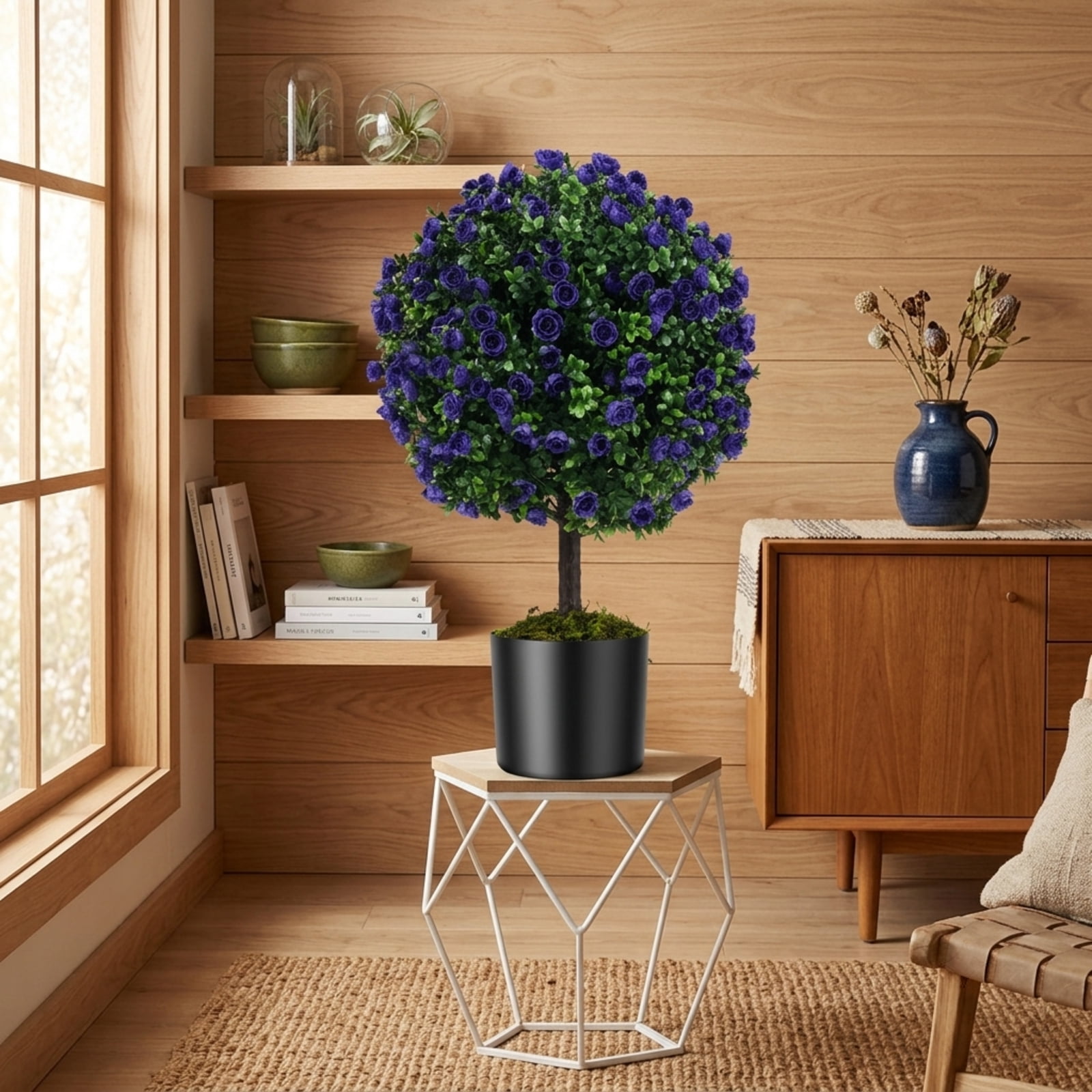 Vebreda Artificial Plant Decor, 22 Inch Set of 2 Artificial Purple Rose Topiary Ball Trees with Cement-Filled Pot, Lifelike Design