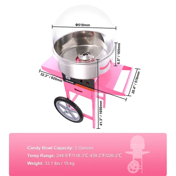 Pink 1000W Commercial Cotton Candy Machine Cart with Bubble Cover Stainless Steel Bowl Sugar Scoop and Drawer for Home Kids Birthday Family Party