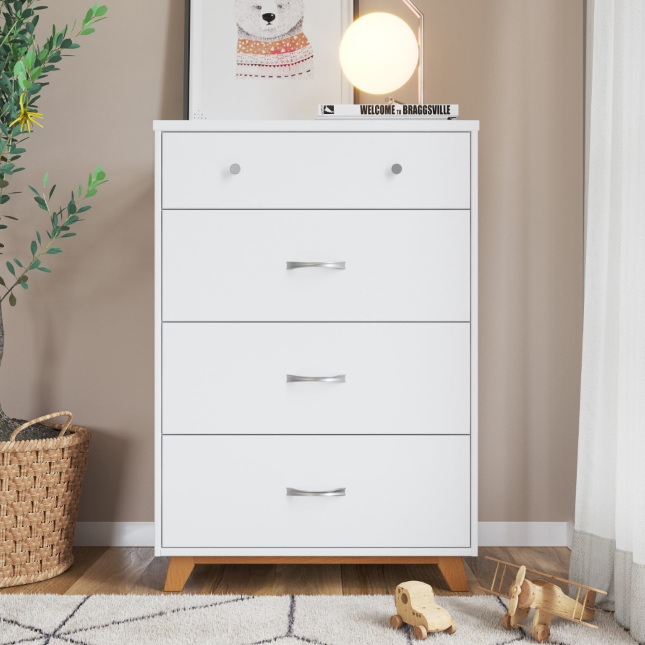 Child Craft SOHO Crib, Dresser, Chest & Nightstand Nursery Set, 4-in-1 Convertible Crib, White/Natural, 4-Piece