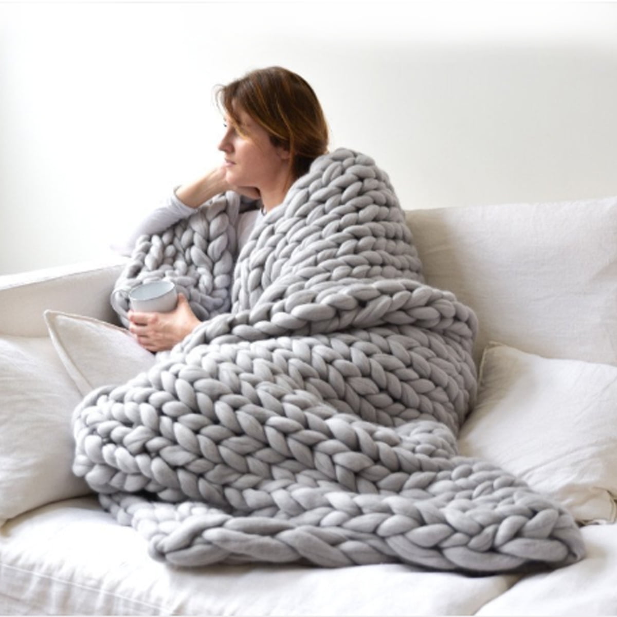 47"x59" Warm & Comfortable Hand Chunky Knit Blanket Thick Yarn Bulky